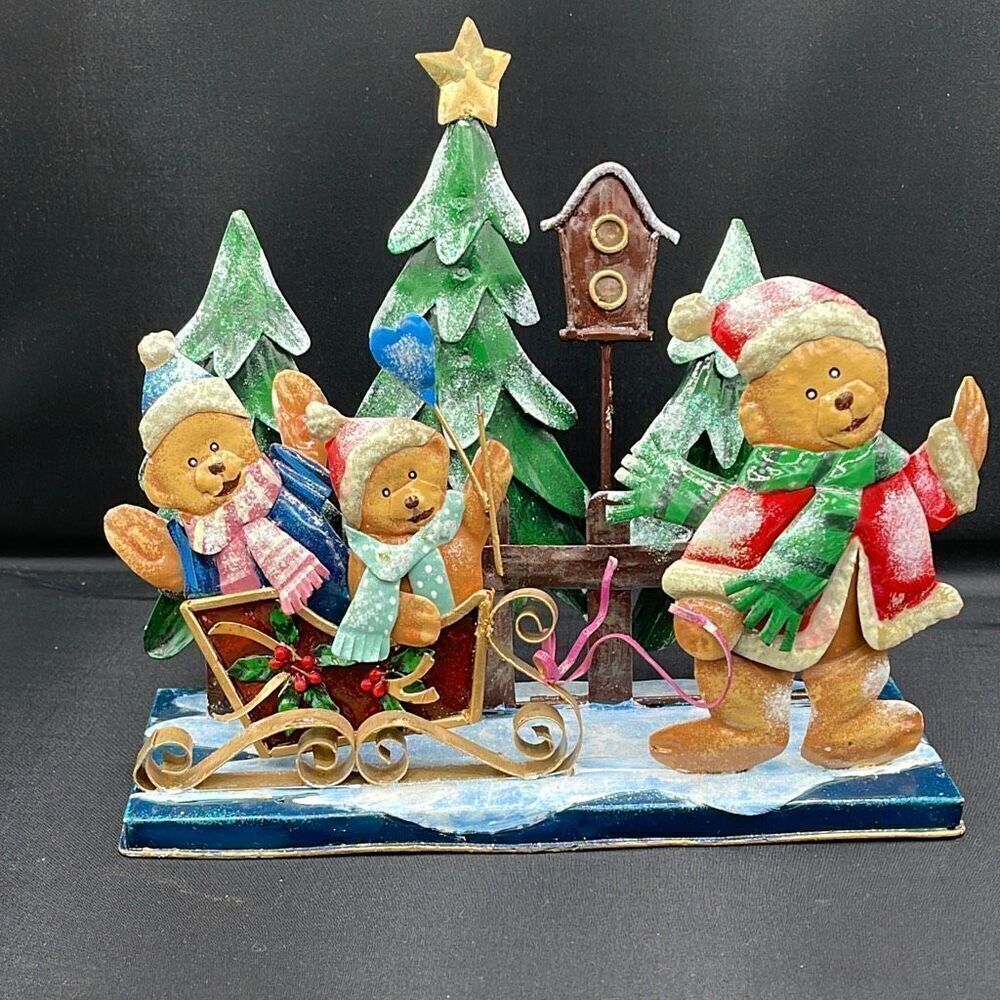 Vintage 3D metal bear Holiday scene.